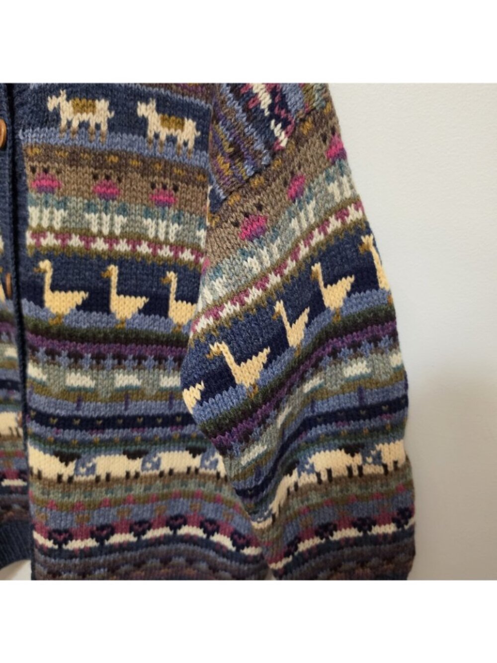 L.L. Bean Multicolor Fair Isle Wool Button Cardigan - Navy, Cream, Green - Picture 5 of 8